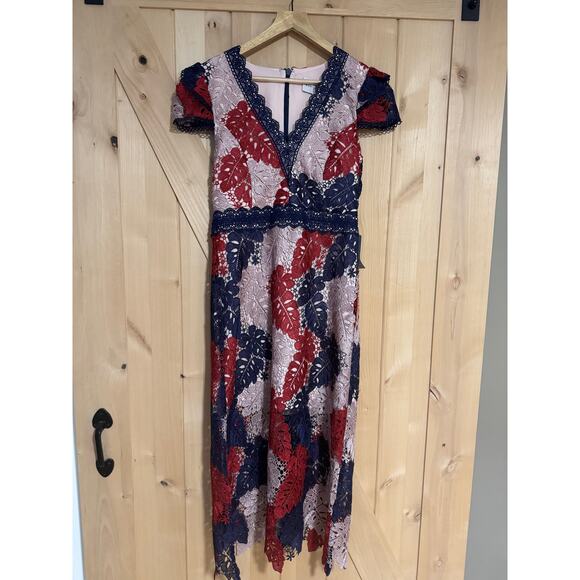 Adelyn Rae | NWT Adeline Palm Lace Midi Dress in Navy, Wine, Blush | Size M - Picture 1 of 16